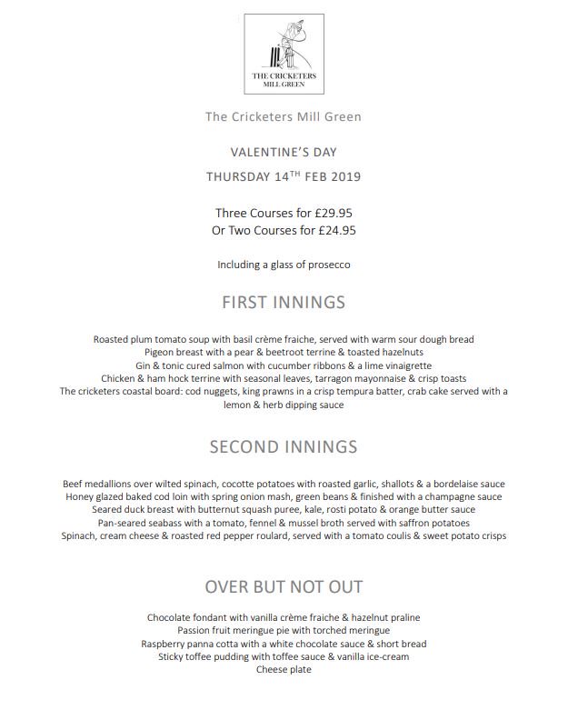 CricketersMillG's tweet photo. VALENTINES DAY!
Spread the love! Come and join us for a delicious three course Valentine’s Day set menu with musical accompaniment from Louise Masters.
Three Courses for £29.95 or Two Courses for £24.95 Including a glass of prosecco! 
Book a table today!
01277 352 400 https://t.co/tmQ240YAPF