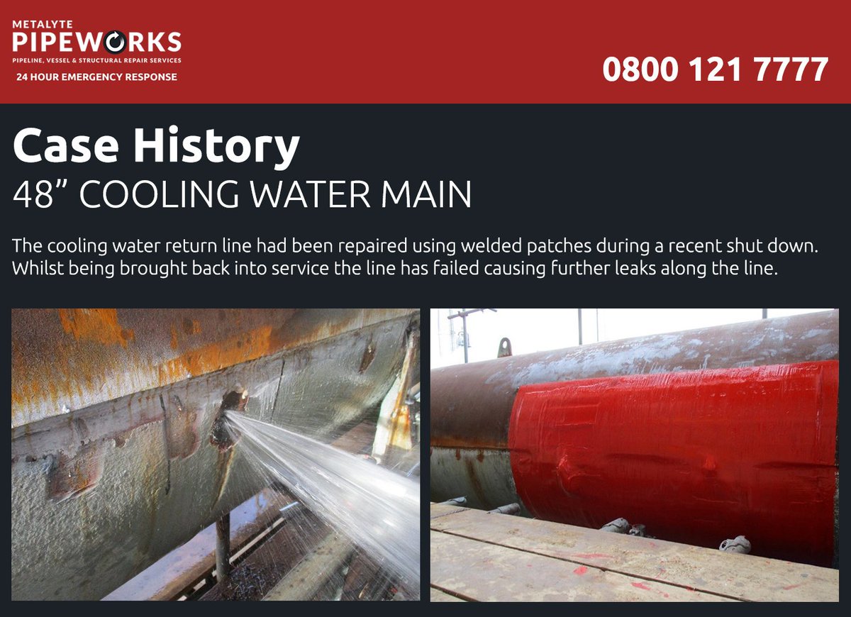 MetPipeworks's tweet photo. NEW CASE HISTORY: 48 INCH COOLING WATER MAIN
The Metalyte Pipeworks team recently sealed multiple leaks in a large diameter cooling water main and ensured that the line was restored to full strength. Find out how here: https://t.co/QQ4hh0vnsl https://t.co/NSm77YRa9B