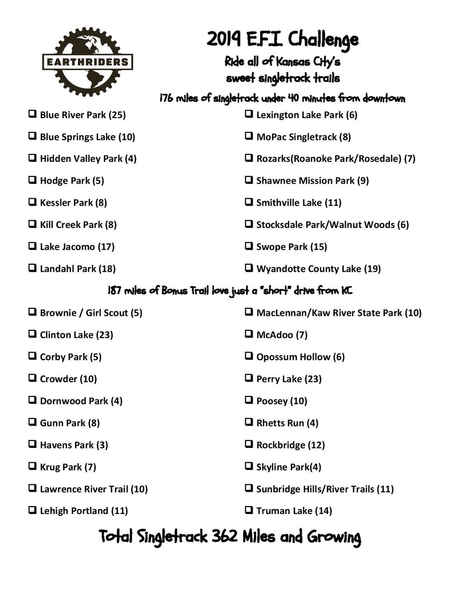 The 2019 <a href="/EarthRiders/">Earth Riders</a> EFI challenge is to ride Every “Fracking” Inch of public mountain bike trail in the KC area – 171 miles in the metro, &amp; another 187 in the greater KC region – a total of 362 miles of singletrack smiles this year. Are you up for the #EarthRidersEFIchallenge?