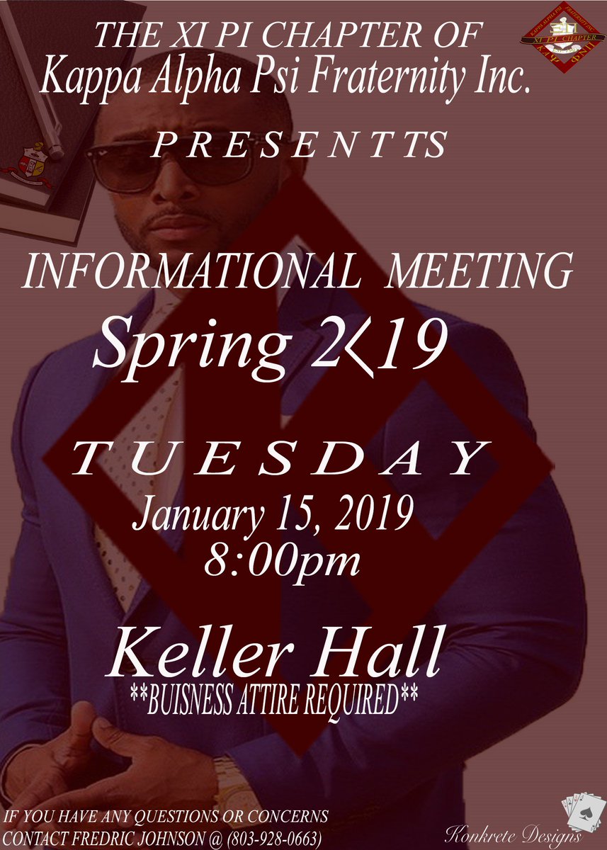 NCGreekLife's tweet photo. The gentlemen of Kappa Alpha Psi Fraternity Inc. will be holding an informational meeting on January 15 at 8:00 pm in Keller Hall.  If you are interested, please attend and wear business attire! #newberrynupes #greeklife https://t.co/JVXCRSqijZ