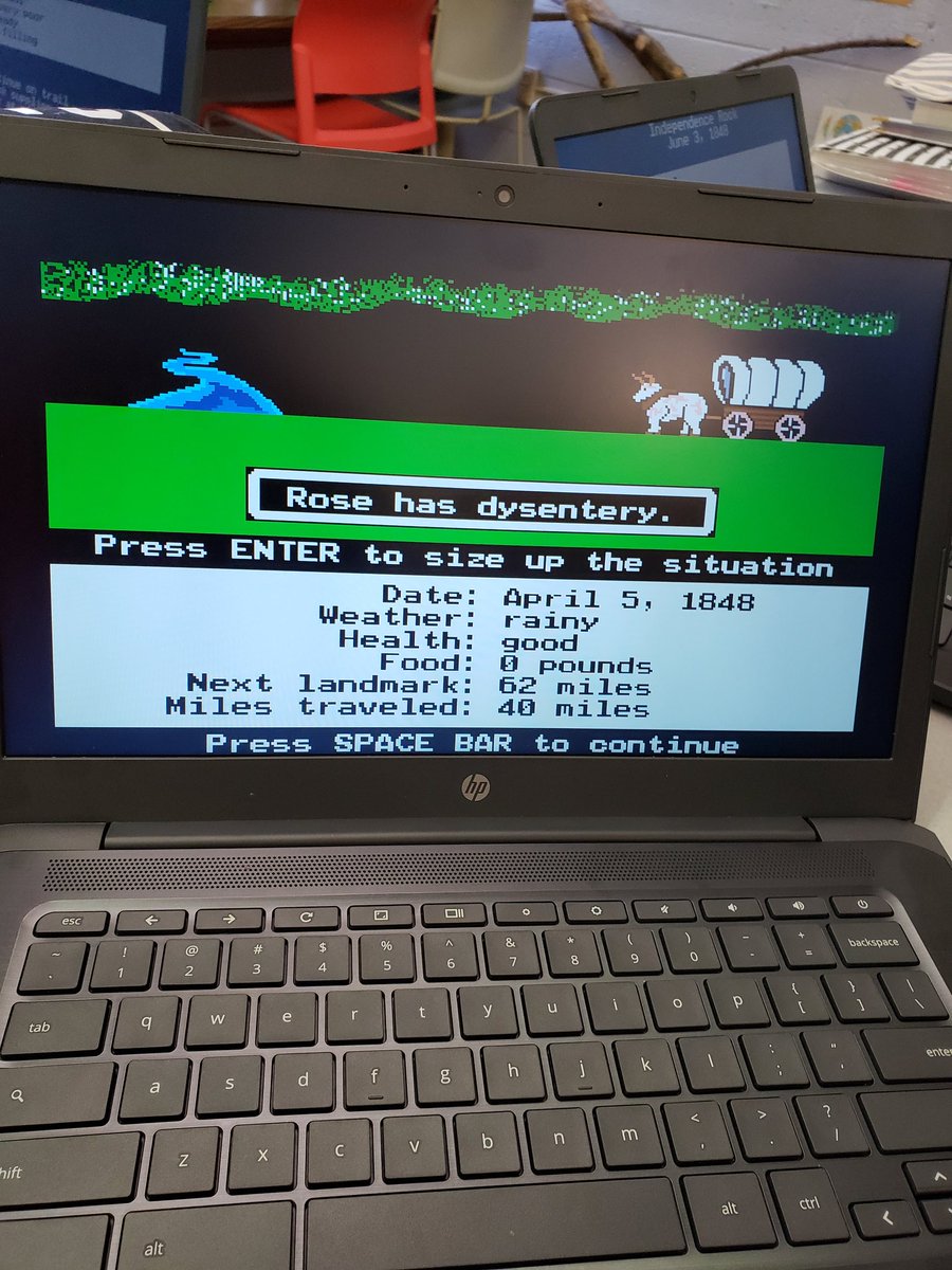 Mr_Matlak's tweet photo. Enjoying a time honored tradition in middle schools across America dating back to 1990s... suffering on the Oregon Trail @ASAEagles #youhavediedofdysentary #manifestdestiny https://t.co/uft3s2DsId
