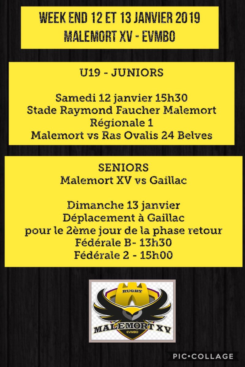 VilledeMalemort's tweet photo. Pour tenir les bonnes résolutions, un week-end sportif à #Malemort 🙂💪 !
➡️ samedi 12 
#Rugby U19 : @MalemortXV - Ras. Ovalis 24, 15h30, stade Faucher.
➡️ dimanche 13
#Football, coupe N.A. : @MalemortFoot - @JAISLEFOOTBALL , 14h30, stade Faucher

🏉⚽️ Allez les Malemort !! 💛🖤 https://t.co/icT4sd4Mux