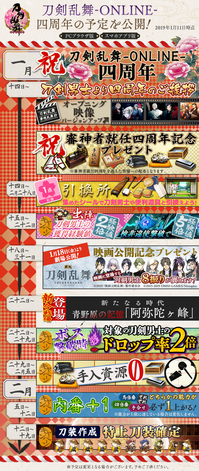 刀剣乱舞 Online 運営 On Twitter 刀剣乱舞 Online 四周年の予定公開 2019年1月14日に 刀剣乱舞 Online はサービス開始四周年を迎えます 詳細は随時お知らせしてまいります 引き続き 刀剣乱舞
