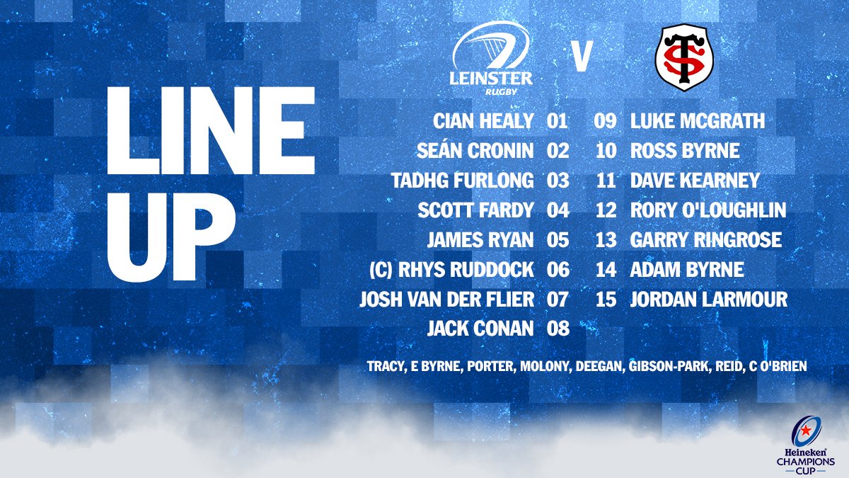 leinsterrugby's tweet photo. LINE UP: Here is your team to represent Leinster tomorrow against @StadeToulousain at the RDS Arena in the Heineken #ChampionsCup (KO 1pm). #LEIvTOU https://t.co/4OVTwMr2CX