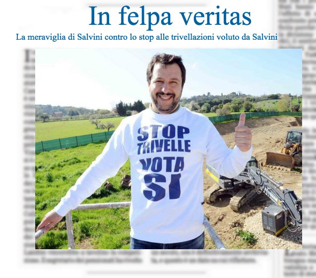 ilfoglio_it's tweet photo. In felpa veritas. La meraviglia di Salvini contro lo stop alle trivellazioni voluto da Salvini https://t.co/8YNnPWvY3G
