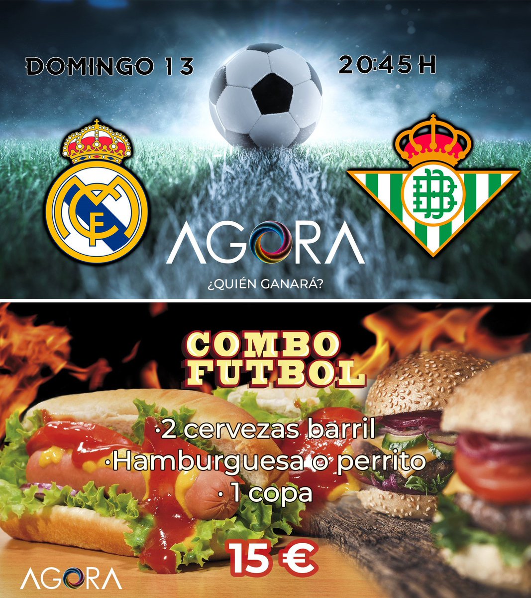 agorasanse's tweet photo. ¡Te esperamos el domingo para disfrutar del partido! #Betis Vs #RealMadrid. Si vienes a cenar pide nuestro combo fútbol #TerrazaSanse #AgoraSanse https://t.co/wxKp3ctPS7