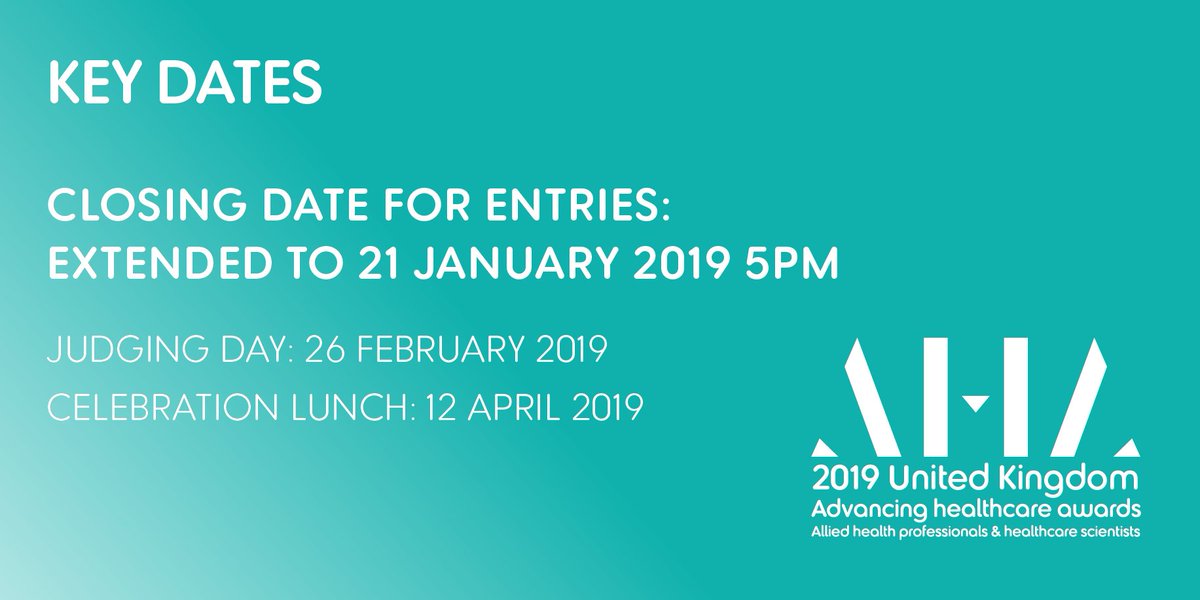 Closing date extended to 5pm 21 Jan to enter #AHAwards @sajajohnson @GdnHealthcare @WeAHPs  @HindleLinda @AHPs4PH @theRCOT @thecsp @musictherapyuk @badthopen @ELFTArts @ElizabethAylet1 @DamianHebron @ValHuet1 @ArtTherapyOrg @ParamedicsScot @MartinBerryUK @GrierAHP @praffertyAHP