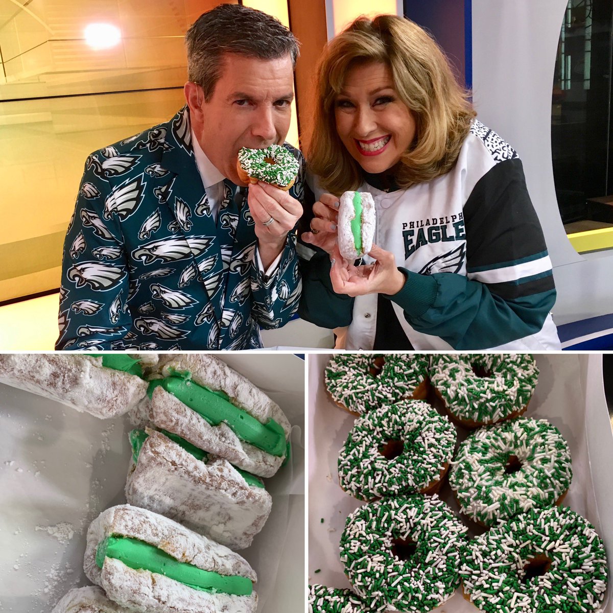BobKellyFOX29's tweet photo. Thank you @lochelsbakery for the Eagles Green Creme Dunuts. #sweetestbakeryinamerica https://t.co/WmeIo4vA4C