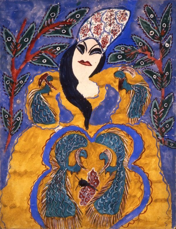 Baya (Baya Mahieddine, born Fatima Haddad, Algerian artist, 1931-1998, Bordj El Kiffan, Algeria), Woman with blue hair in a yellow dress, 1947 #art  #algeria