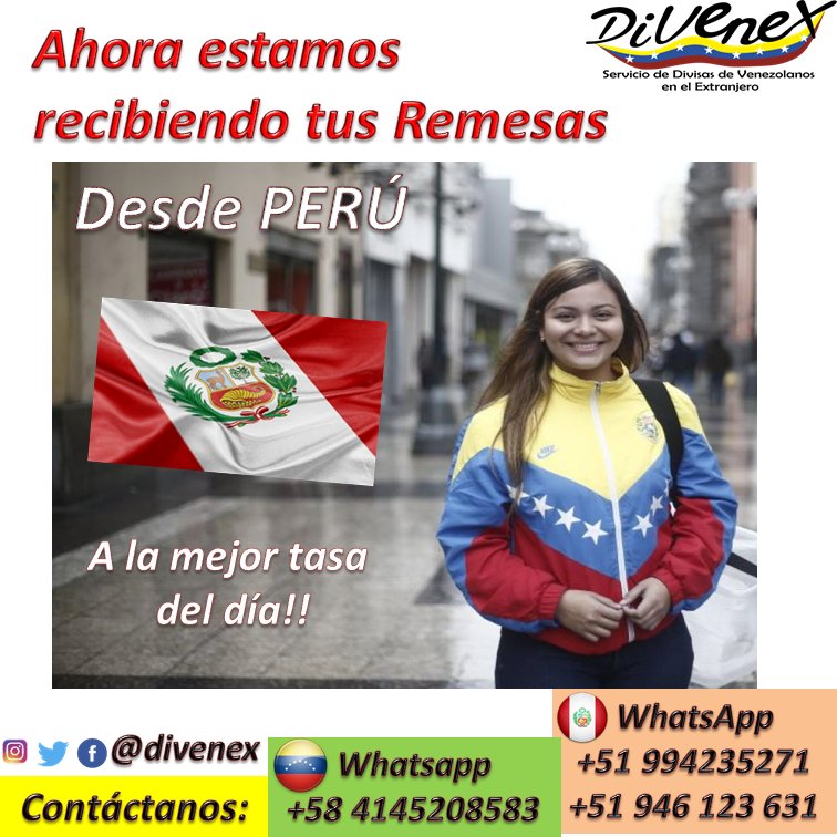 divenex's tweet photo. Ahora estamos recibiendo tus remesas desde #Perú.
.
.
Contactanos por nuestra única línea autorizada de atención al cliente:
.
+58 4145319338📱
.
Siguenos en instagram, facebook y twitter como @divenex  
.
.
#divenex #divisas #cambiobolivares #Colombia  #cambio #envioremesas https://t.co/mb4Nj2iTG9