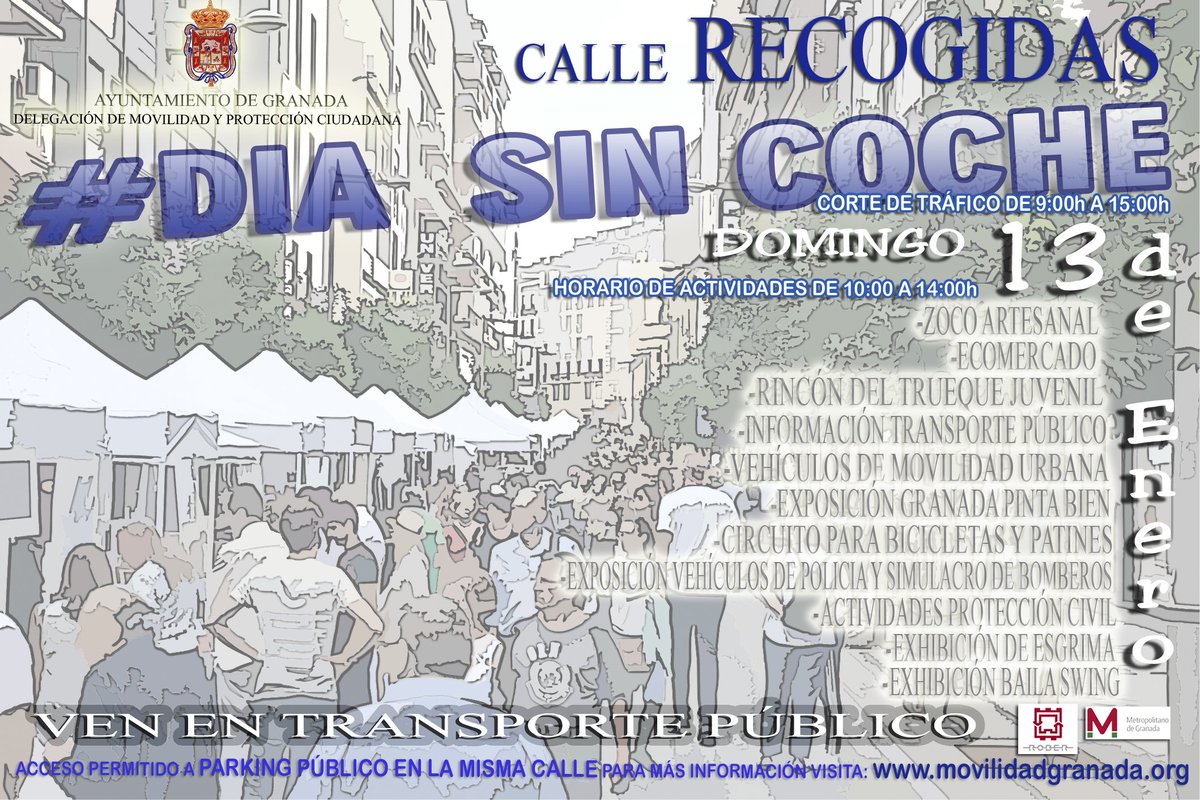 cgimgranada's tweet photo. Ven a celebrar el #DíaSinCoche. Domingo 13 de enero en la calle Recogidas. Actividades de 10:00 a 14:00 horas. https://t.co/ghuqW1GJQ6 https://t.co/hiSq9eo6Wl