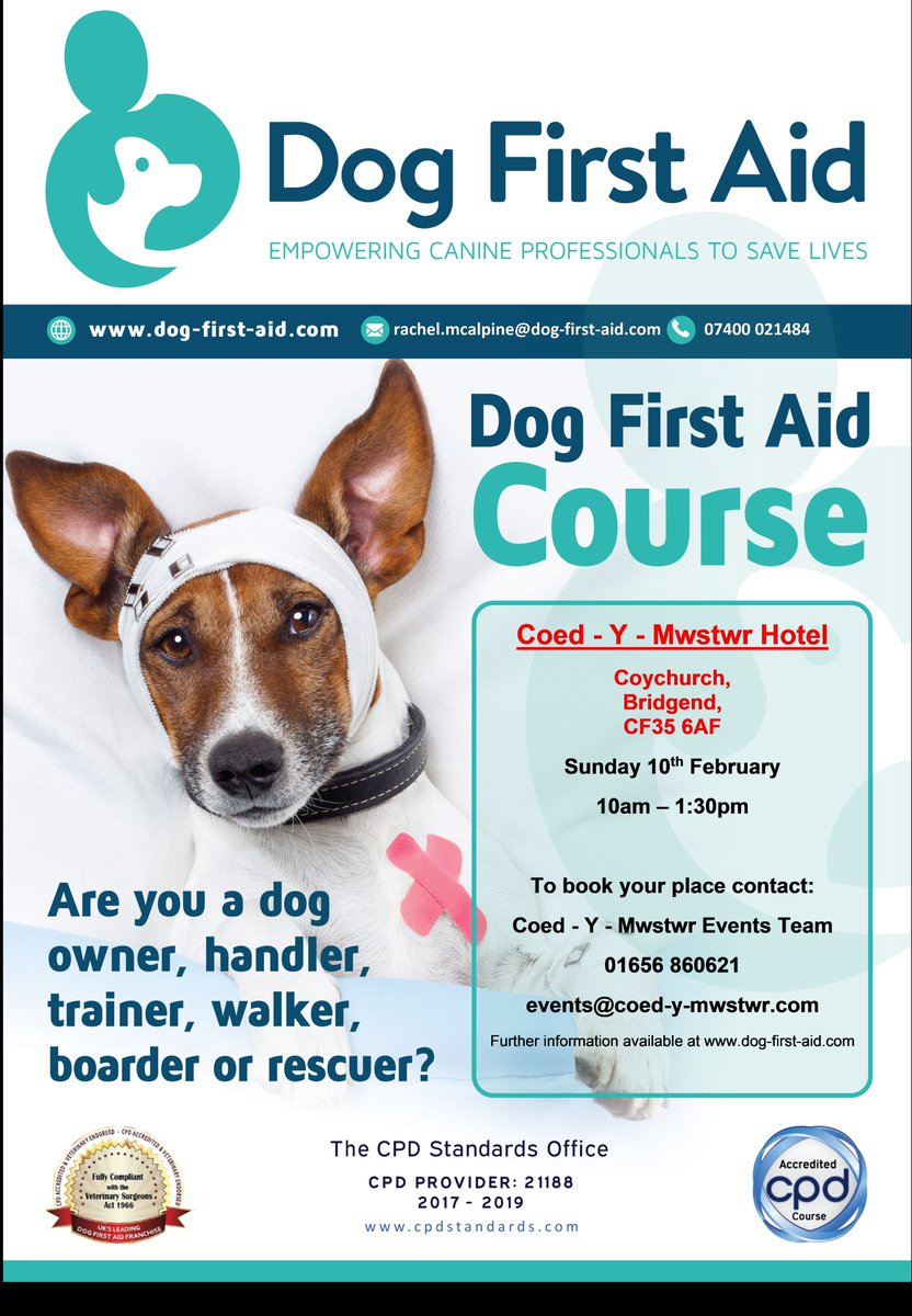 Join us on Sunday 10th Feb for our 'Pawesome' Doggy First Aid course <a href="/DogFirstAid/">dogfirstaidfranchise</a> taking place at the <a href="/CoedyMwstwr/">Coed-y-Mwstwr Hotel</a> - harness your skills in how to help your pup in times of need! New for 2019 and sure to be a sell out so act fast! Call us on 01656 860621 to book your space NOW!