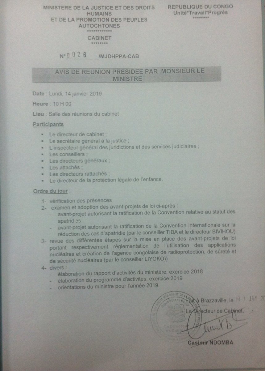 #AvisDeReunion Tous les membres du cabinet sont priés de prendre part à une réunion ce lundi 14 janvier 2019 à 10h00 dans la salle de réunion du cabinet. #Justice #congo #brazzaville