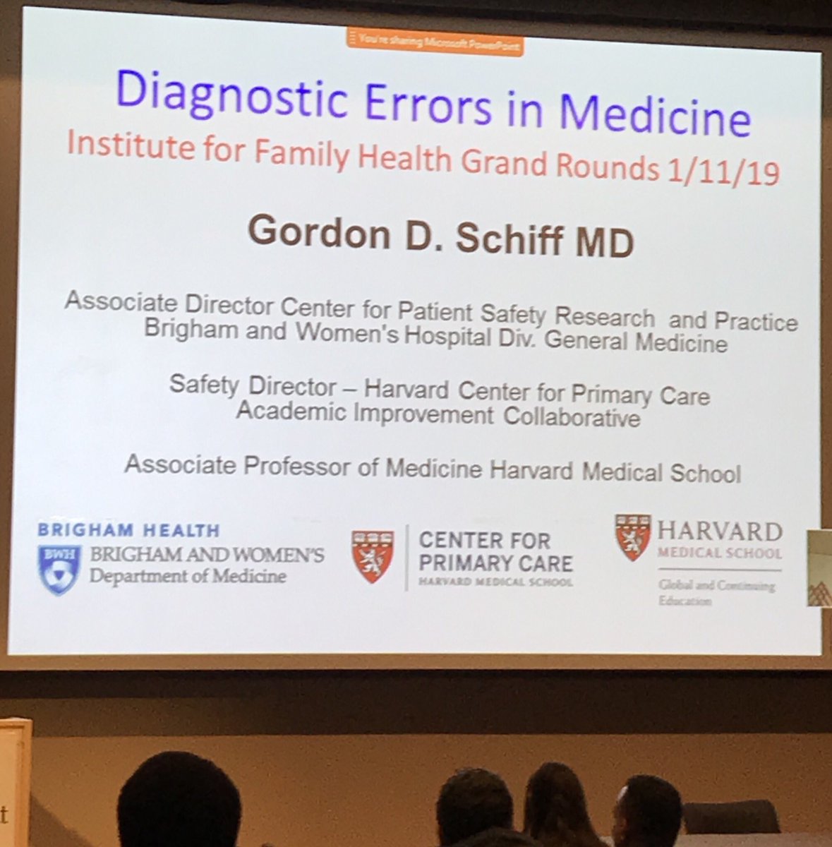SCNosalMD's tweet image. Grand Rounds @forFamilyHealth: ‘Diagnostic Errors in Medicine’ presented by Dr. Gordon D. Schiff, MD, Brigham&amp;amp;Women&apos;s Hospital #cultureofsafety #HIT #learningfromerrors
