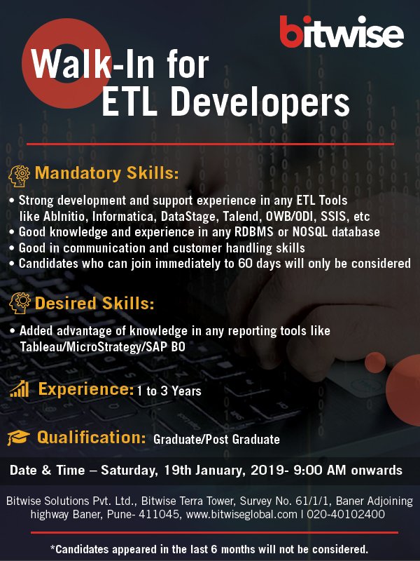 Bitwise_Updates's tweet image. We’re looking for ETL Developers. Interested? Walk-in on Saturday, 19th January, 2019, at Bitwise TerraTower! #BitwiseRecruitmentDrive #ETLDevelopers