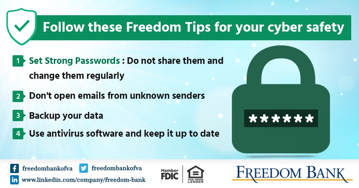 freedombankofva's tweet photo. Follow these Freedom Tips for your cyber safety. #FreedomTips https://t.co/0UcrcFyGCt