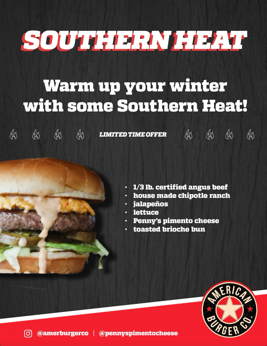 Warm up your winter with some Southern Heat 🔥🍔 Come try our newest featured burger today! #americanburgerco #limitedtimeoffer <a href="/pennyspimento01/">Penny'sPimentoCheese</a>