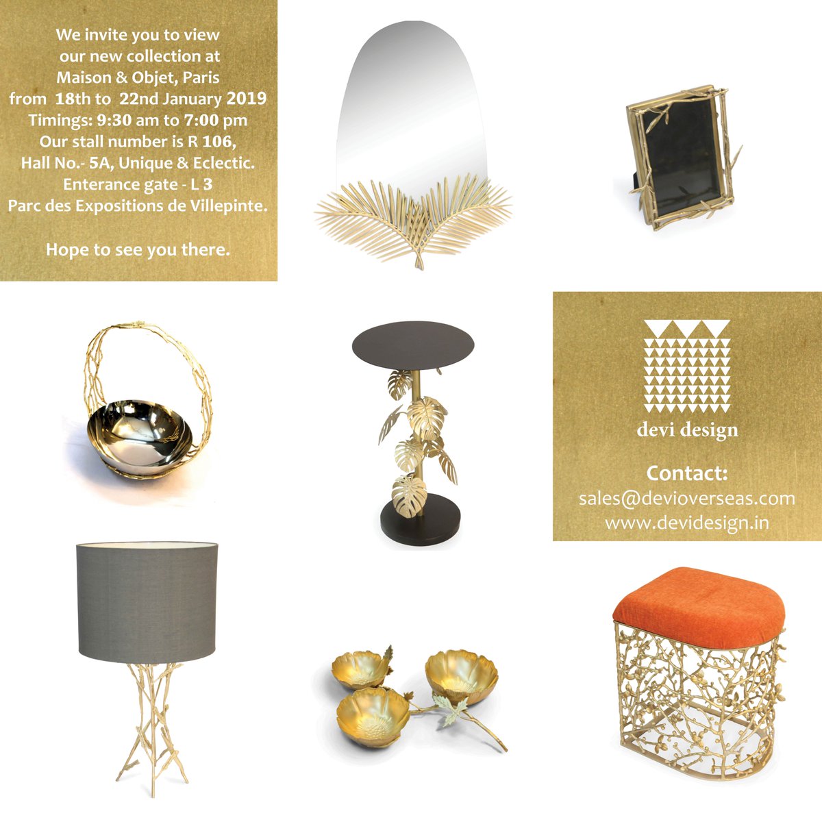 devi_design's tweet image. Discover What’s New at Devi Design
Come and Explore our latest collections 
At Maison &amp;amp; Objet Paris 
HALL 5A Stand R106  
From 18 to 22 January 2019

#devidesign #luxuryinteriordesign #uniquepiece #maisonetobjet2019 #tabletops #decorativeideas #luxuryproducts  #homedecor #MO19