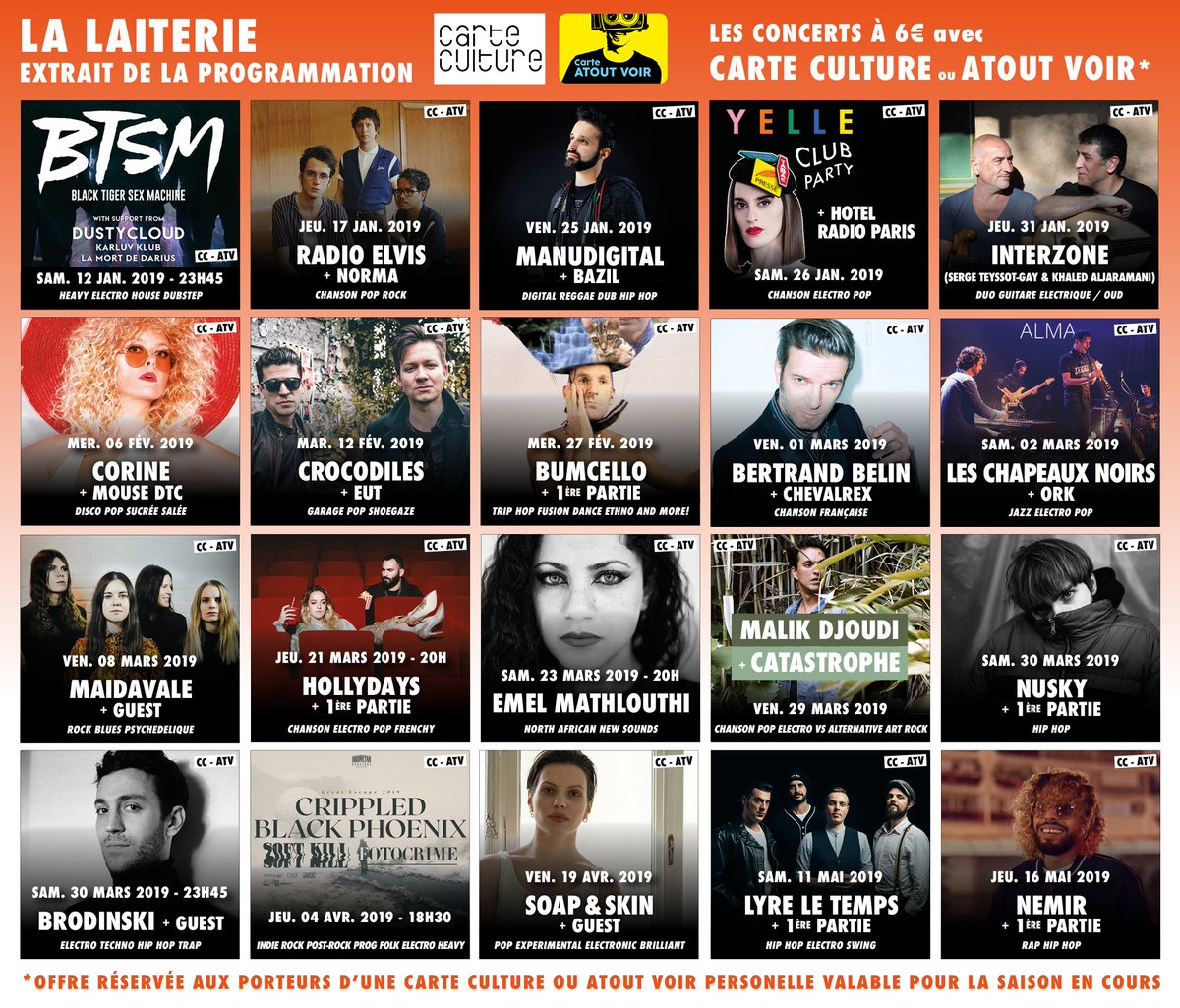 Laiterie's tweet photo. Les #concerts accessibles à 6 euros avec la #carteculture et la #carteAtoutvoir
à La #laiterie #strasbourg !
-extrait de la programmation- Offre réservée aux porteurs de Carte Culture et Atout Voir valable pour la saison en cours .
Infos https://t.co/9doq0vNtLO https://t.co/naennhDzop