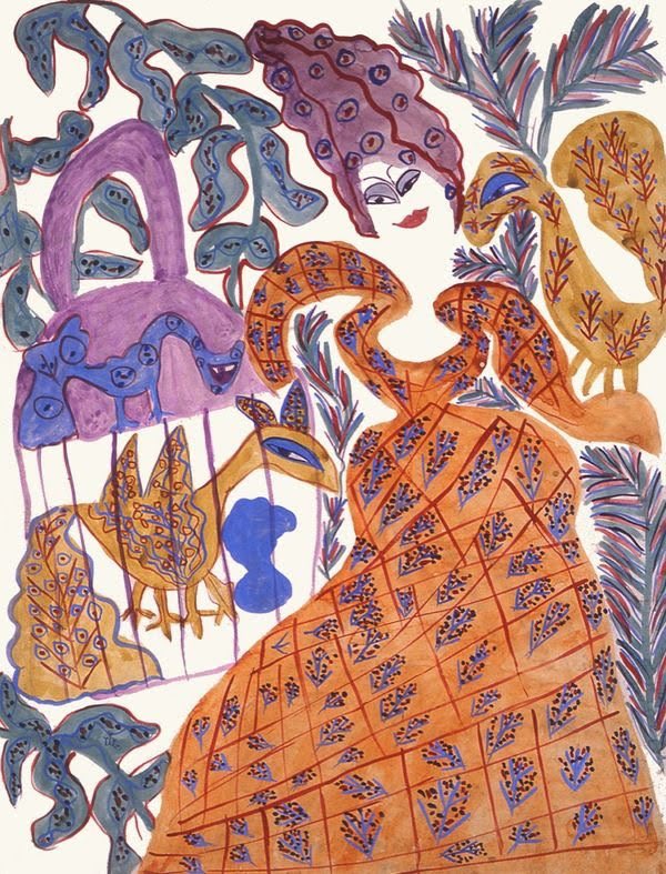 Baya (Baya Mahieddine, born Fatima Haddad, Algerian artist, 1931-1998, Bordj El Kiffan, Algeria), Woman with a caged bird, 1947  #art  #algeria