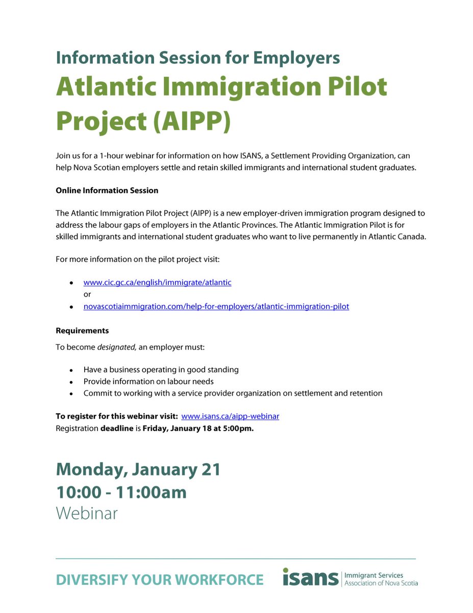 ESREN_CP's tweet photo. Join @isans_ca  upcoming Atlantic Immigration Pilot Project (AIPP) webinar for employers scheduled for Monday, January 21st from 10-11am. #immigration #AIPP #growNS https://t.co/wJKzb70R67