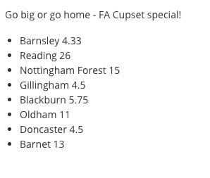 BetFC_Tips's tweet photo. Goliath Tips

Last weeks tips shown below, a tasty £480 return on the FA #Cupsets goliath!

Here’s this weekends 8 tips

https://t.co/855Rswqzrx https://t.co/X3OE7nLQe3