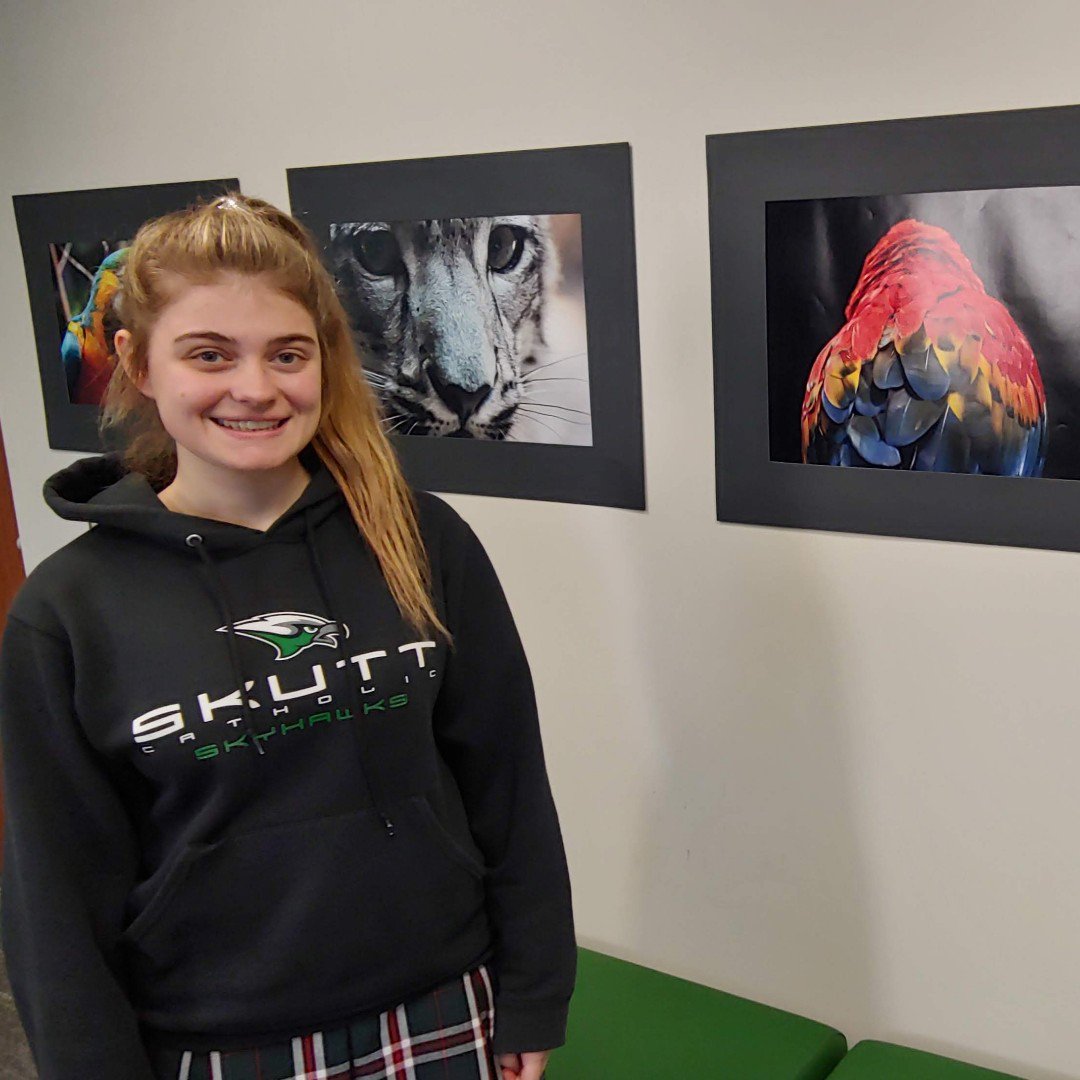 SkuttCatholic's tweet photo. Art student Meghan O'Neil is the first to have her work displayed in the school's new admin center. https://t.co/D4oN6AaaIv