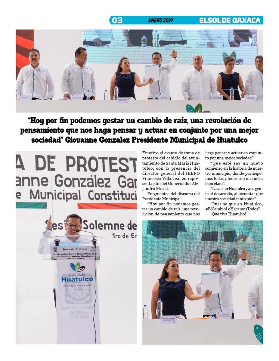 VicManOaxaca's tweet photo. #ElSoldeOaxaca #Numero279 #MesdeEnero #Pag3
* "Hoy por fin podemos gestar un cambio de raíz, una revolución de pensamiento que nos haga pensar y actuar en conjunto por una mejor sociedad" Giovanne Gonzalez Pte.Mpal de #Huatulco https://t.co/GgIZn1vJ1e