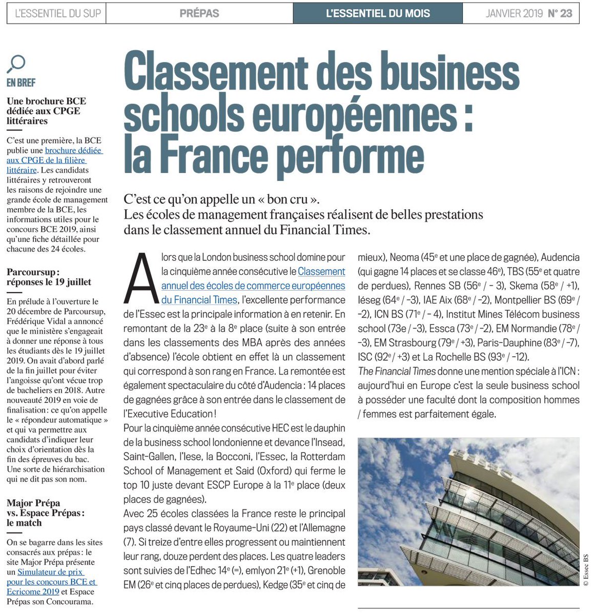 groupe_iscparis's tweet photo. 🏆🇫🇷 L'#EssentielduSup #Prépas de janvier 2019 met en avant la belle performance des écoles de #management françaises dans le #classement annuel #FinancialTimes des meilleures #BusinessSchools européennes 🎓
Avec notamment un gain de 3 places pour l'#ISCParis 🙂
Cc @O_Rollot https://t.co/648AlLzfPj