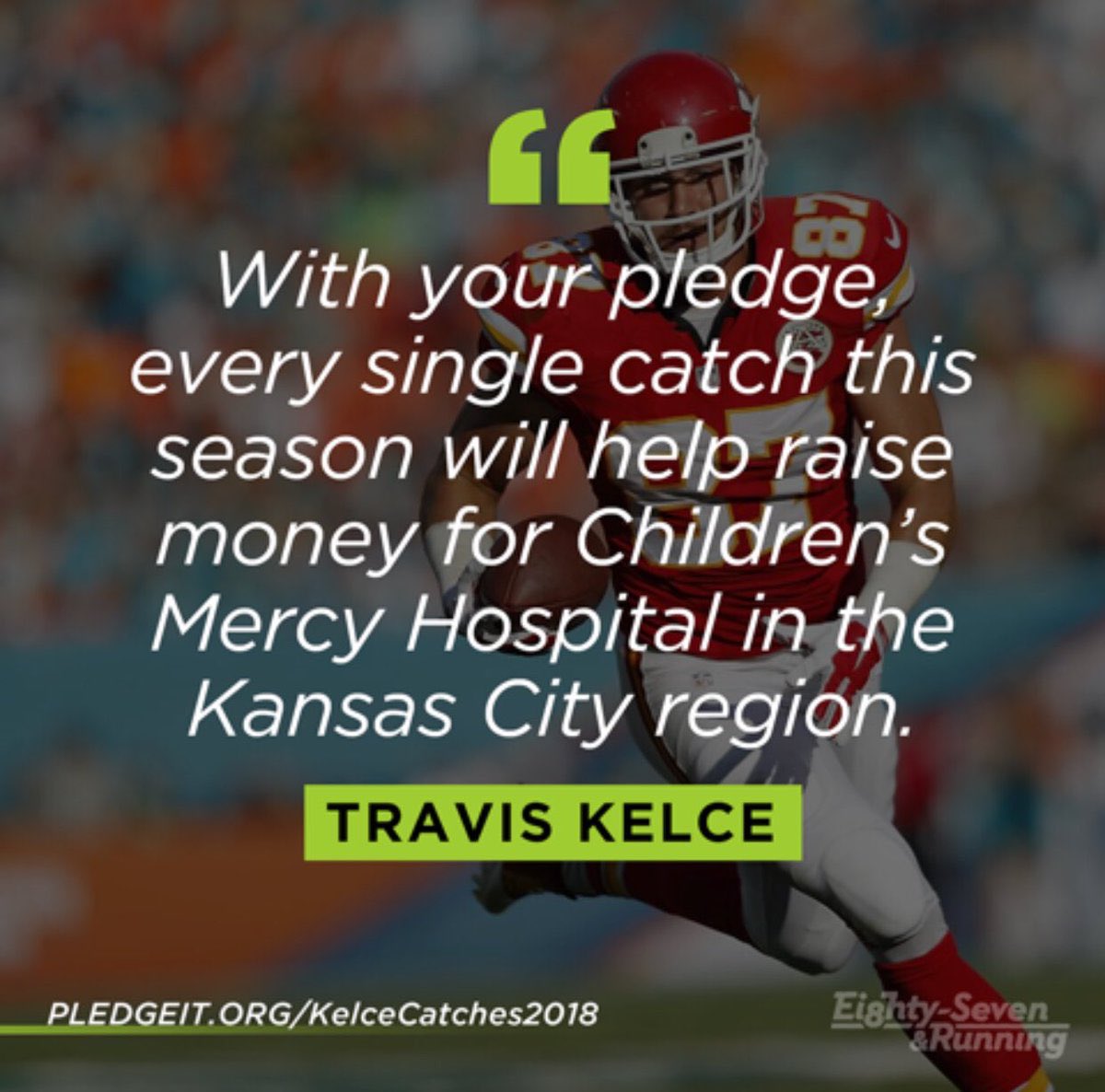 ChildrensMercy's tweet photo. Every time @tkelce catches the ball tomorrow, our kids at Children’s Mercy win big! Join in and pledge any amount per catch during tomorrow’s game and Kelce will match it, just as he has all season long. Visit https://t.co/A8TfOKyFKP today! https://t.co/Uclqr1Hxob