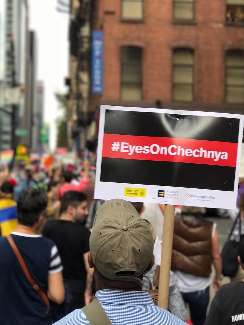 HRC protesting the anti-LGBTQ crimes against humanity in Chechnya.