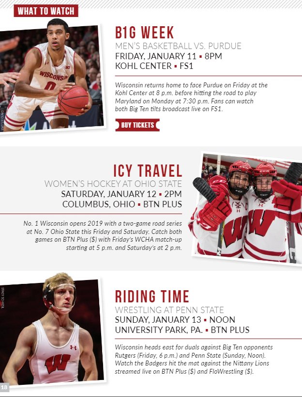 UWBadgers's tweet photo. ▪️ Back home with @BadgerMBB
▪️ Road trip for @BadgerWHockey
▪️ B1G foes for @BadgerWrestling
#VarsityMag gets you primed for a busy weekend of Badgers action
🆕 https://t.co/Ur6dSyulGc https://t.co/5fh6TbQQBN