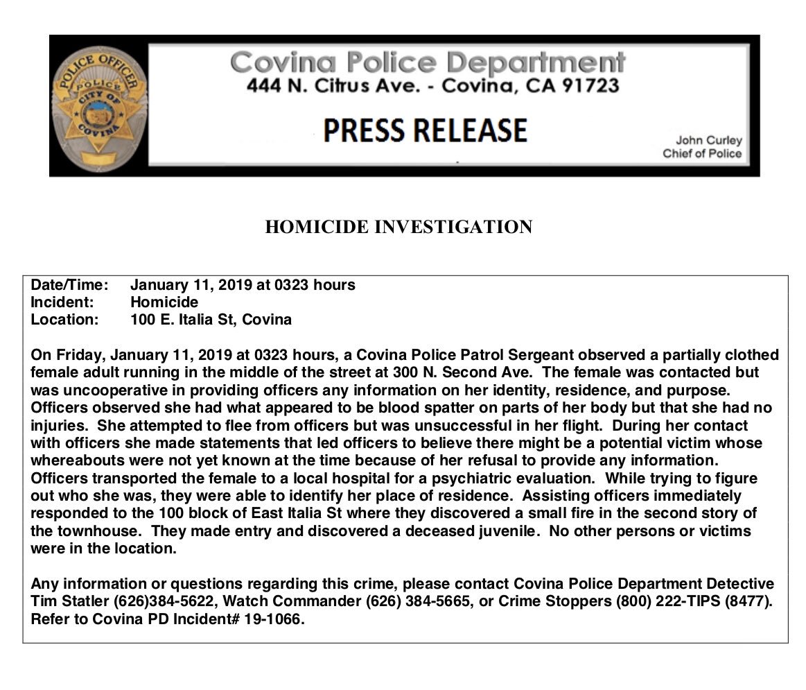 covinapd's tweet photo. PRESS RELEASE: #Covina Homicide Investigation https://t.co/MedsrIbdHX