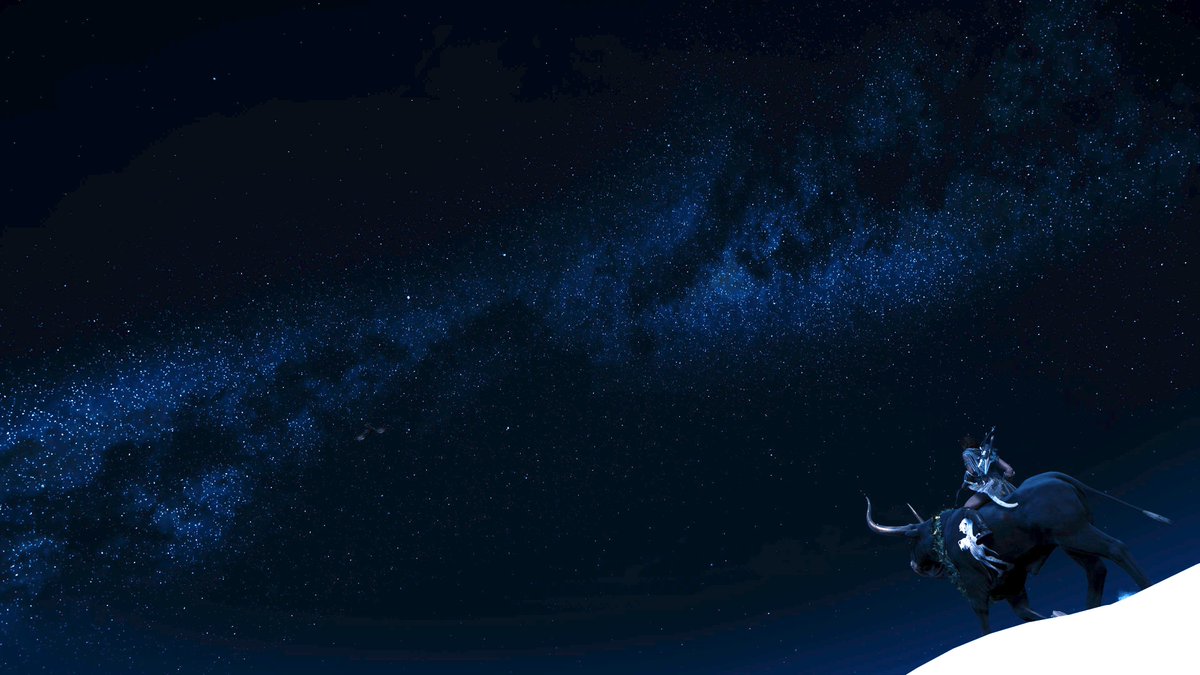Kassandra and her bull stand in the bottom-right corner atop a snow-covered mountains gazing up at the Milky Way, which fills the night sky.