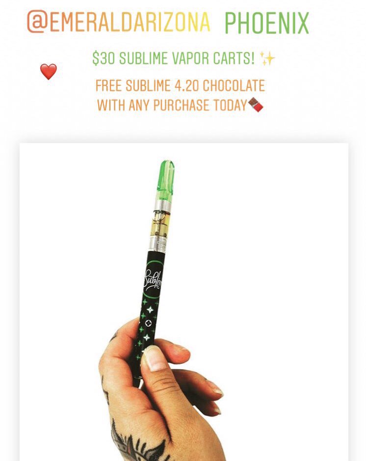 EmeraldArizona's tweet photo. #EmeraldPhoenix Stock up on $30 #Sublime Vapor Cartridges today only! + FREE Sublime 4.20 Chocolate with any purchase 🍫❤️
✨ ✨ Open til 10pm today https://t.co/oSDC6H0lu2