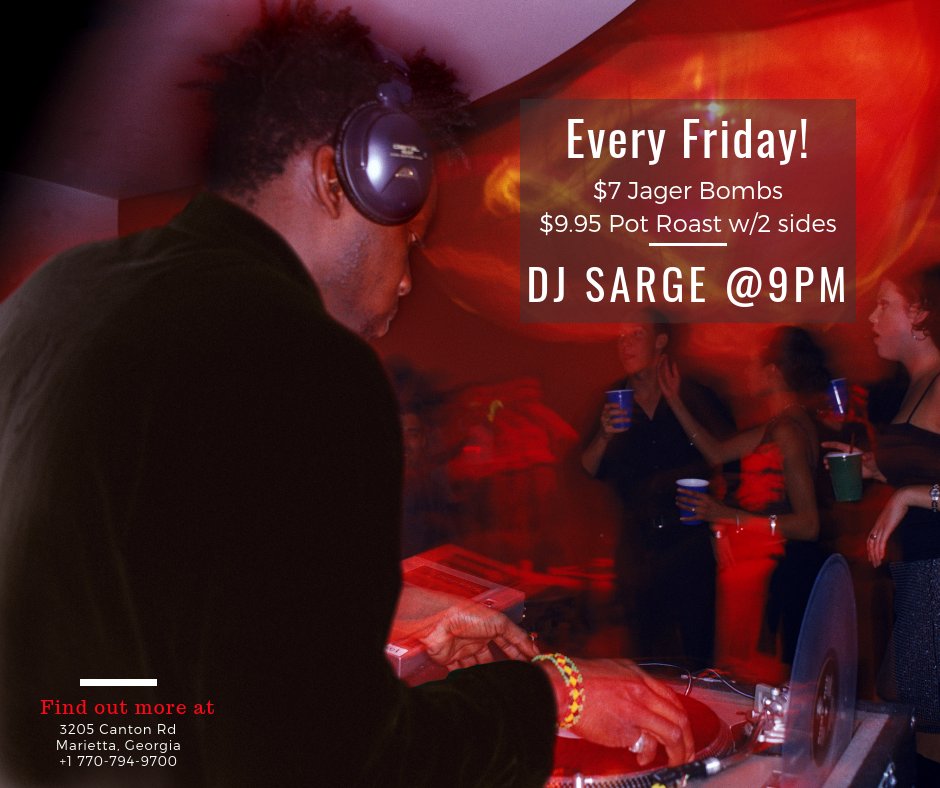 JimmyMacspub1's tweet photo. Every Friday!
$7 Jager Bombs
$9.95 Pot Roast w/2 sides
and
DJ SARGE @9PM!
#fridayfun #music #dancing #Marietta #Georgia #djsarge @DjSarge919 #Foodies #FoodieFriday #drinks https://t.co/qenJYJPui9