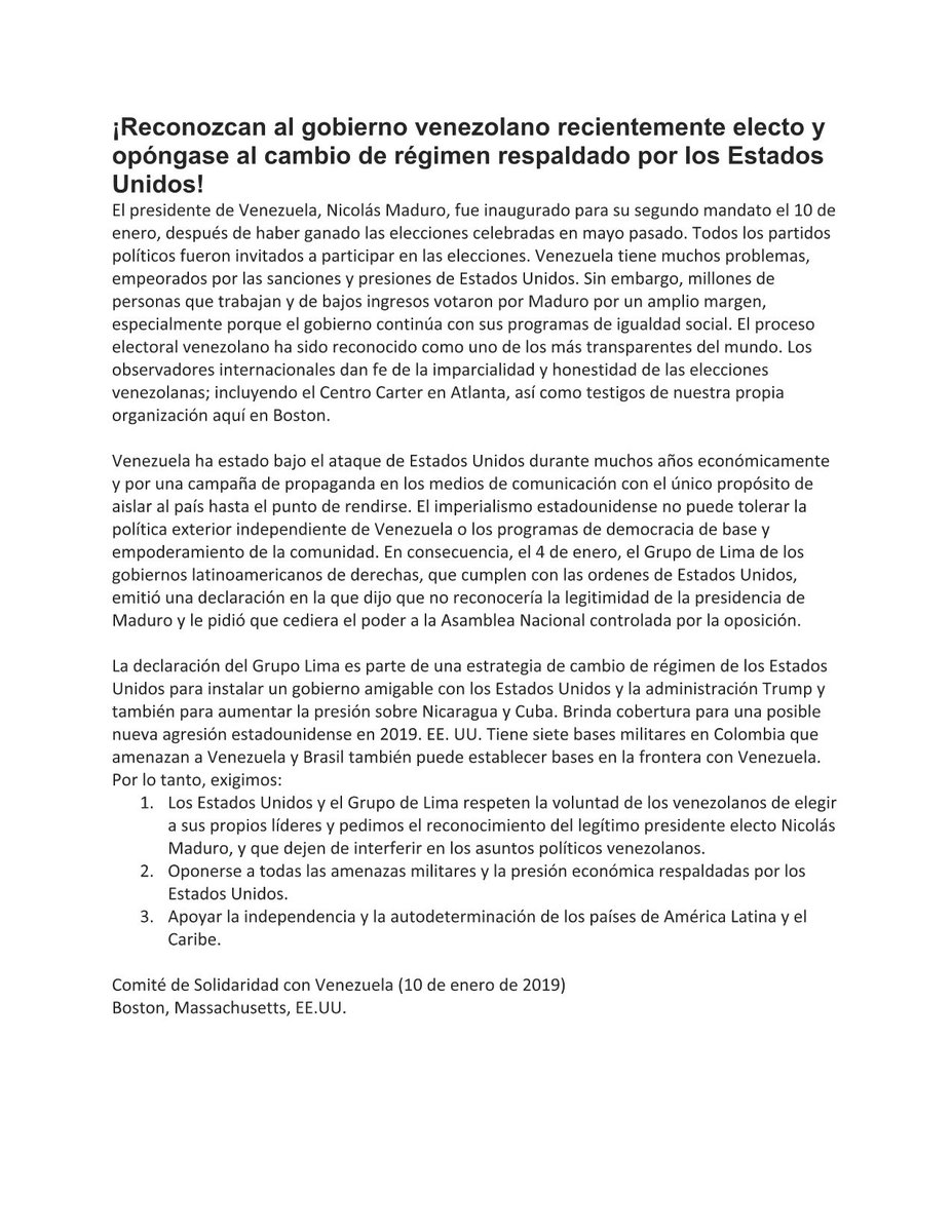 ConsulvenBoston's tweet photo. El Comité de Solidaridad con Venezuela en Boston expresa su apoyo y reconocimiento al Gobierno Bolivariano y a su Presidente legítimo Nicolás Maduro @NicolasMaduro @CancilleriaVE https://t.co/0wKOQ87N8t