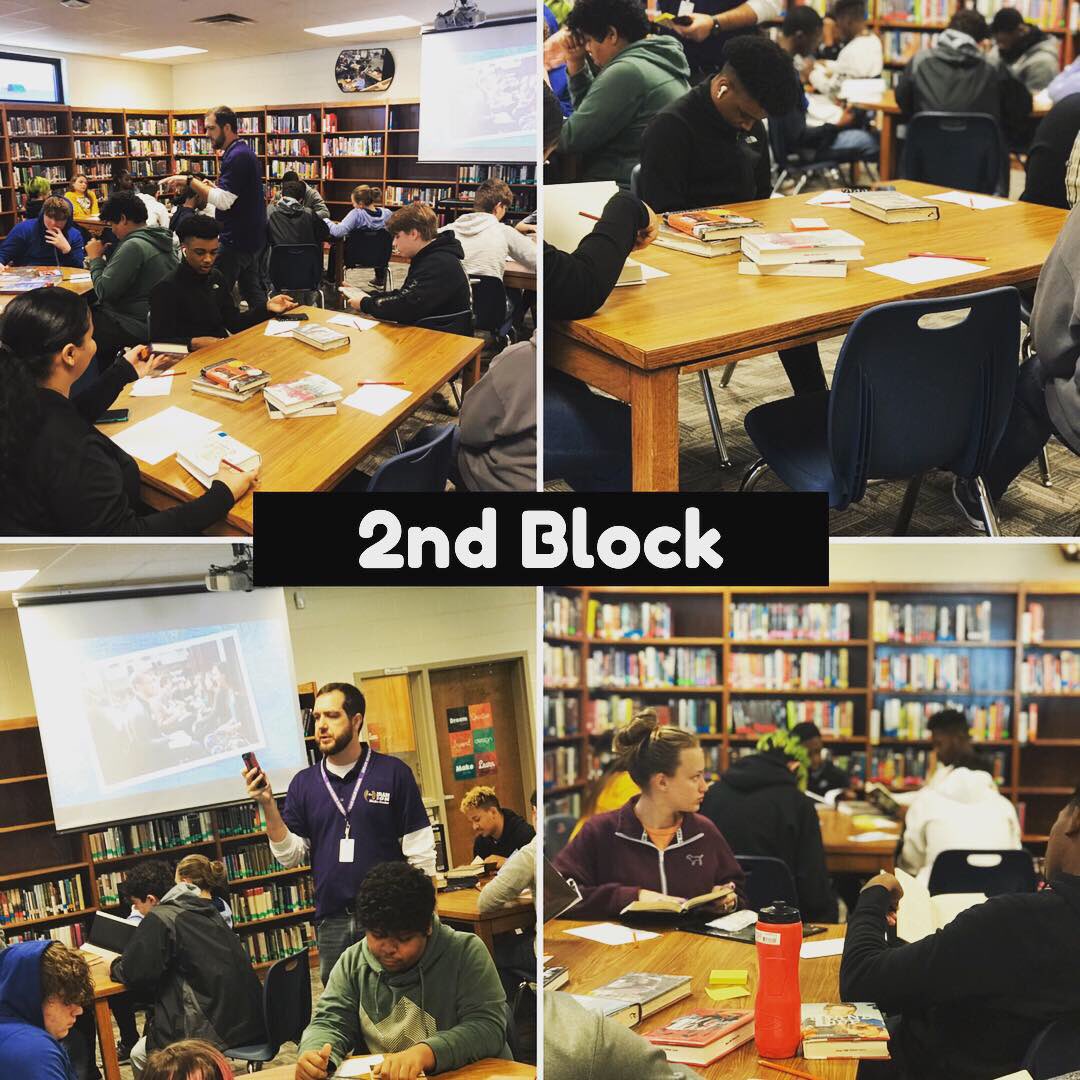 MrsDenhamTeach's tweet photo. We spent time in the Mr. McLendon in the Media Center today doing #bookspeeddating. Lots of fun and a great way to introduce our weekly independent reading day!  Even got a great action shot of McLendon! #denhamhhs #denhamreads https://t.co/GD8z6ALdS4