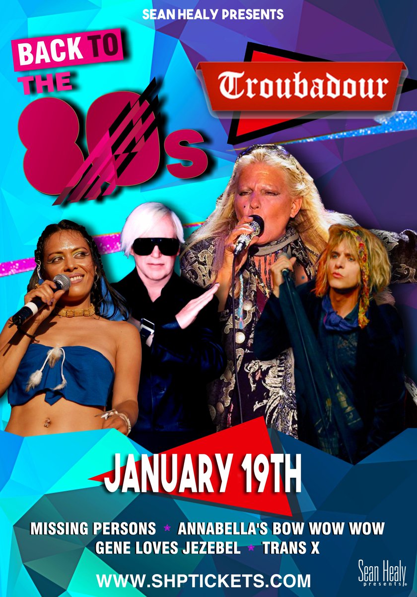 Feeling Nostalgic? Come check out Missing Persons (<a href="/officialMPlive/">MISSING PERSONS</a>), Annabella's Bow Wow Wow (<a href="/AnnabellaLwin2/">Annabella Lwin</a>), Gene loves Gezebel (<a href="/gljezebel/">Gene Loves Jezebel</a>), and Trans-X (<a href="/TransX/">trans</a>) at <a href="/TheTroubadour/">Troubadour</a> TONIGHT! Tix available online and @ the door! Doors at 7PM!