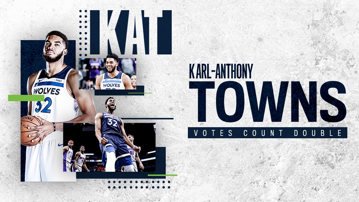 Timberwolves's tweet image. VOTES
COUNT 
DOUBLE
TODAY

Vote @KarlTowns to @NBAAllStar » bit.ly/2CR0iE8