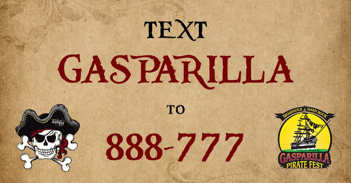 CityofTampa's tweet image. Ahoy, matey! Get tips about @GasparillaTampa events, traffic alerts, parking info, emergency notifications &apos;n more by textin&apos; GASPARILLA to 888-777!