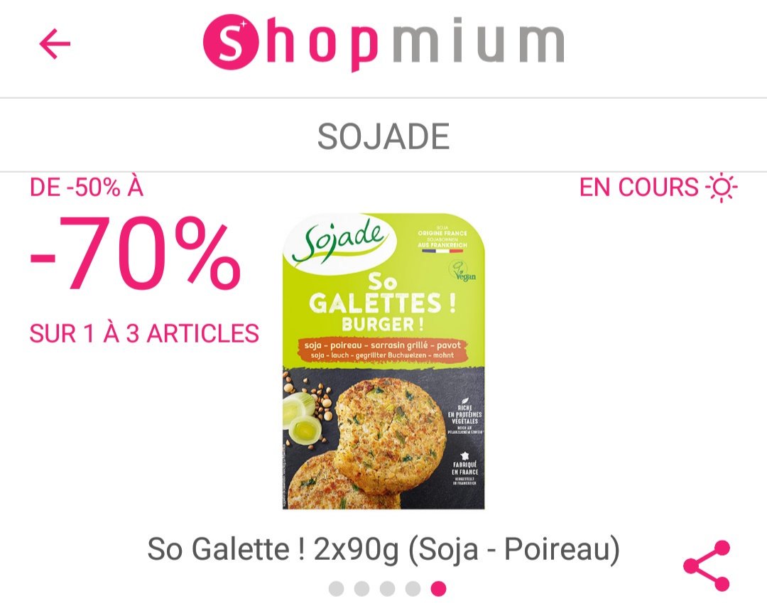 -70% sur les galettes végétariennes Sojade avec <a href="/ShopmiumFR/">Shopmium France</a> , téléchargez l'appli ici : radinmalinblog.com/go/shopmium

Bonus : rentrez le code parrain KHMGUUYL pour gagner des Kinder gratos 🙂