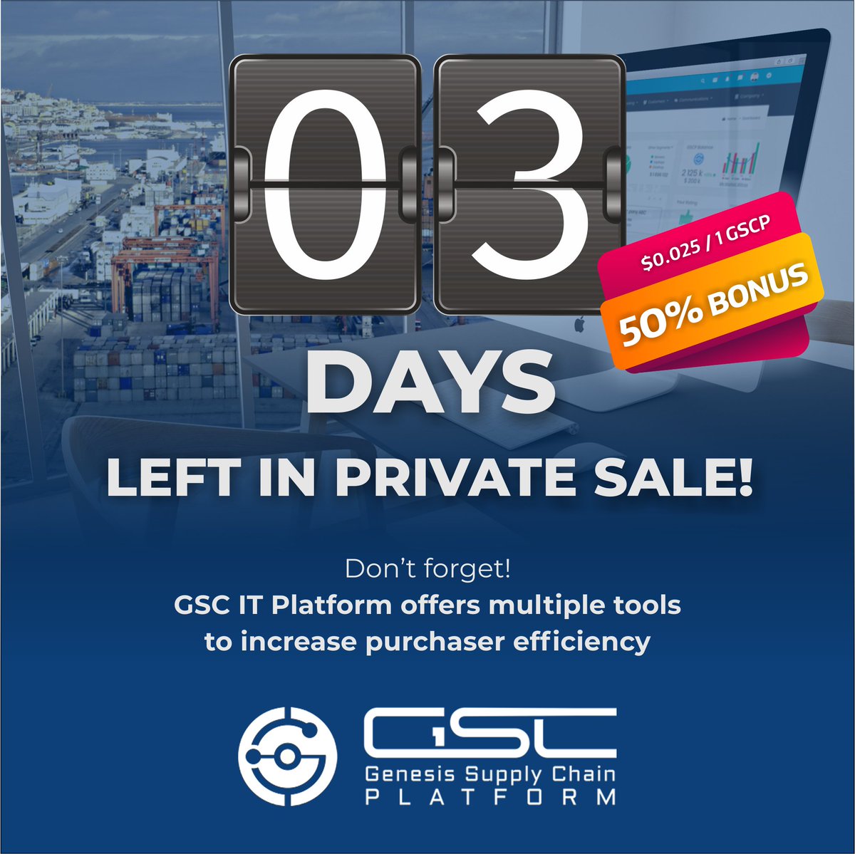 3 Days Left! Don't lose out on your chance of $30k of #GSCP from participating in the private sale! If you like &amp; RT all our countdown tweets you will be entered to win $1k of GSCP! #ethereum #supplychain #smartpurchases #purchasers #blockchain #suppliers #ERP3