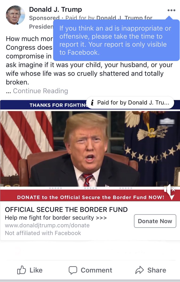 jepence's tweet photo. This is what social media bias looks like—@facebook automatically placing an “inappropriate or offensive” box over a @TeamTrump message, implying that this video on #BorderSecurity by @realDonaldTrump should be reported as the same. 

Such censorship is intentional.

#StopTheBias https://t.co/Tzst7upuQB