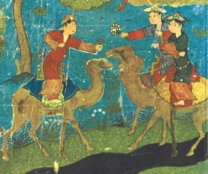 rabihalameddine's tweet photo. The Prophet Mohammed visiting Paradise while riding Buraq, accompanied by the Angel Gabriel. Below them, riding camels are houris, from a manuscript entitled Miraj Nama, Persian, 15th century https://t.co/I150j6jEa1