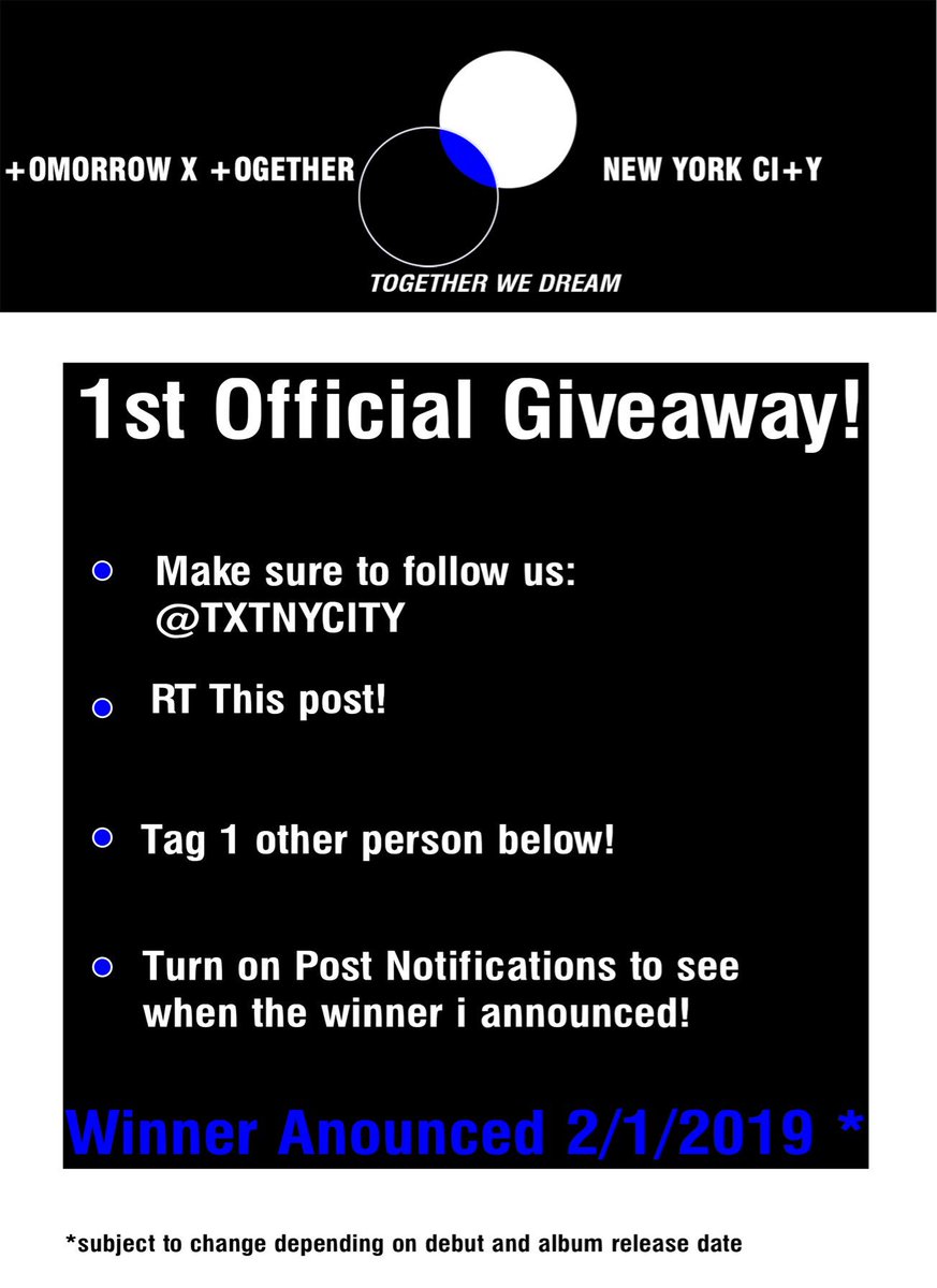 TXTNYCity's tweet photo. 【#GIVEAWAY】
This is our 1st official giveaway! 

There will be one (1) winner receiving a copy of @TXT_bighit ‘s debut album when it’s released!

To enter, follow the rules in the photo! 

#WelcomeTxT
#TOMORROW_x_TOGETHER 
#환영_TxT #투모로우바이투게더 https://t.co/KuJlkgfK1o