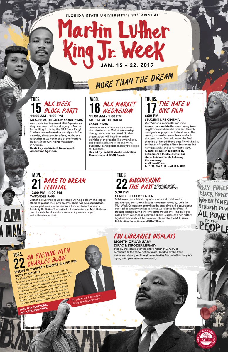 FSUMLKWeek's tweet image. The Annual Martin Luther King Week Celebration kicks off tomorrow! Start the week with us at the MLK Block Party tomorrow! For a full list of events, visit: sga.fsu.edu/mlk_week
#FSUMLKWeek