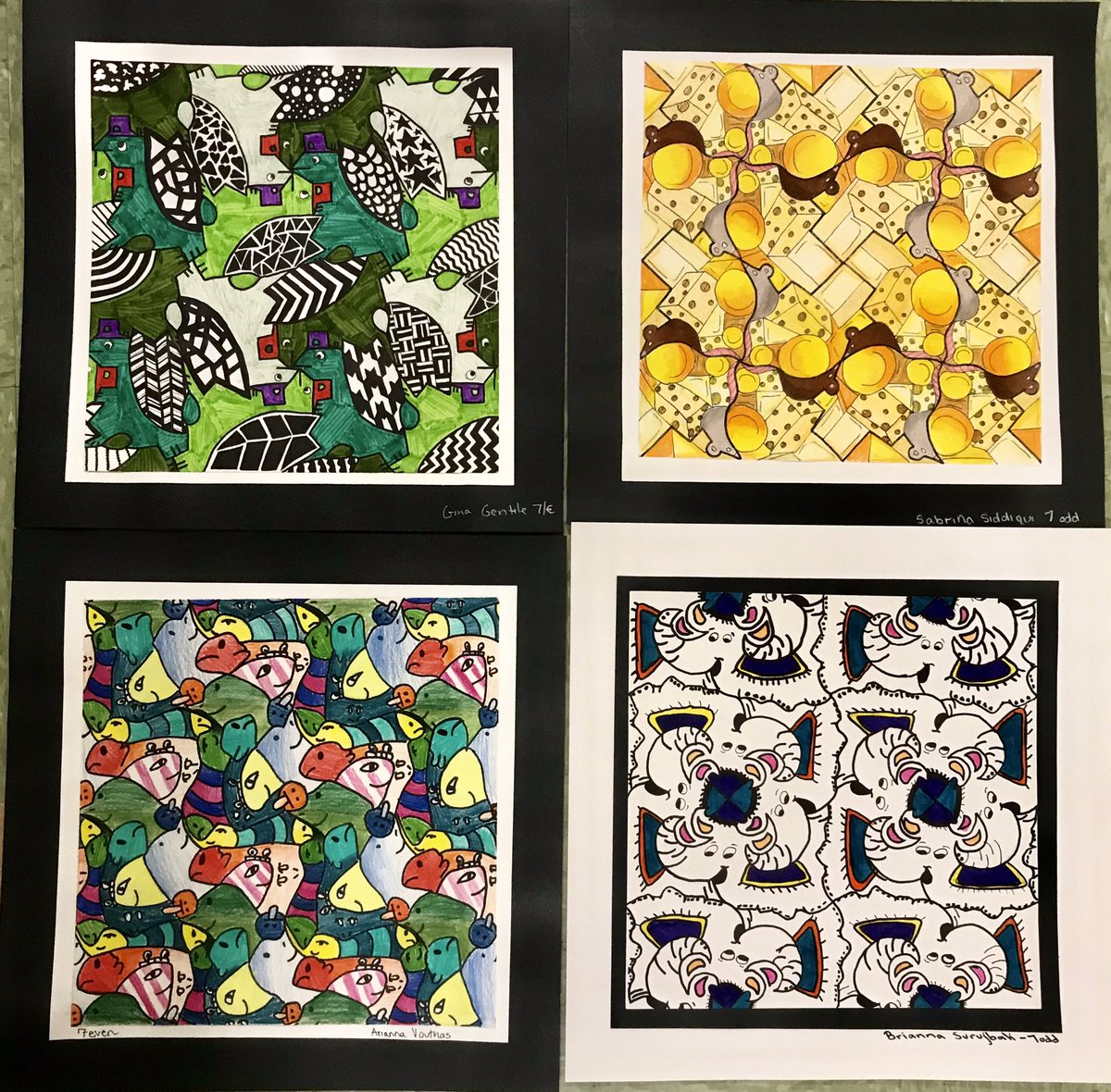 Check out these amazing tessellations by my 8th graders!  Creative problem solving + lots of color = awesome! #makecoolstuff #msart #mathandart #mcescher
