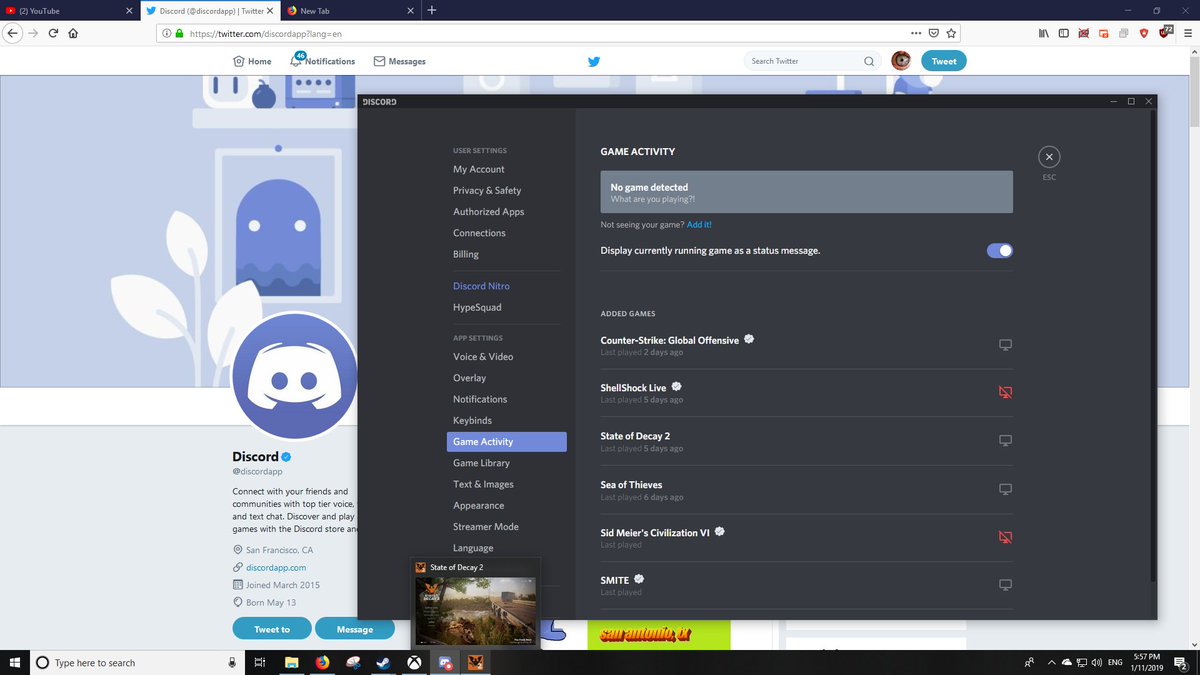 NaoeKyu's tweet photo. @discordapp I don't have an in-game overlay for any Microsoft game... and with the way State of Decay 2 and Sea of Thieves work, every time I minimize to adjust the volume of one of my friends it keeps disconnecting me from their game, the Steam overlay works but not Discord's :( https://t.co/k9durqhl93