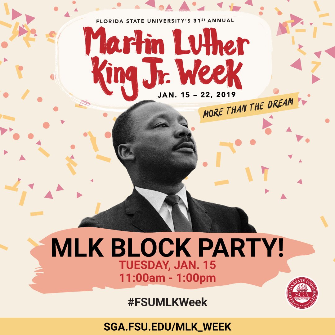 FSUMLKWeek's tweet image. Come out to the MLK Block Party today from 11am-1pm in the Moore Auditorium Courtyard! There will be FREE food, activities, music and more! 
#FSUMLKWeek